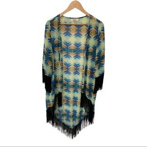 UMGEE AZTEC COLORFUL OPEN FRONT CARDIGAN WITH BLACK FRINGE SLEEVES AND TRIM SZ S